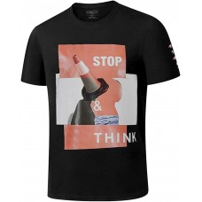 SOMKUZU Men’s Graphic Printing Stop and Think Short-Sleeved T-Shirt - Black